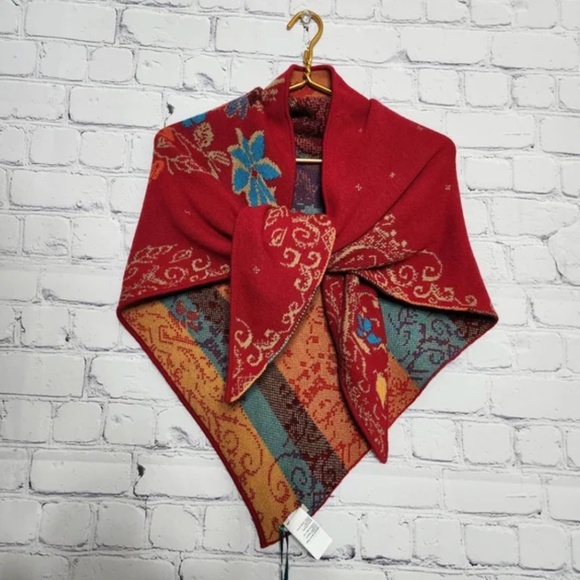 NWT IVKO Woman Red Jacquard-knit Geometric Folk Floral Pattern Shawl Scarf Wrap - Picture 5 of 11